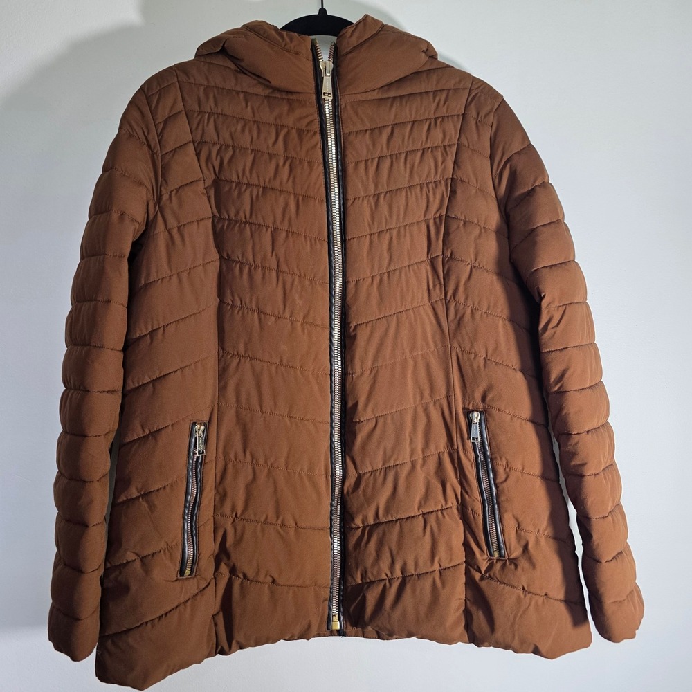 Laundry by Shelli Segal Brown Puffer Hooded Jacket Water Resistant Coat XL